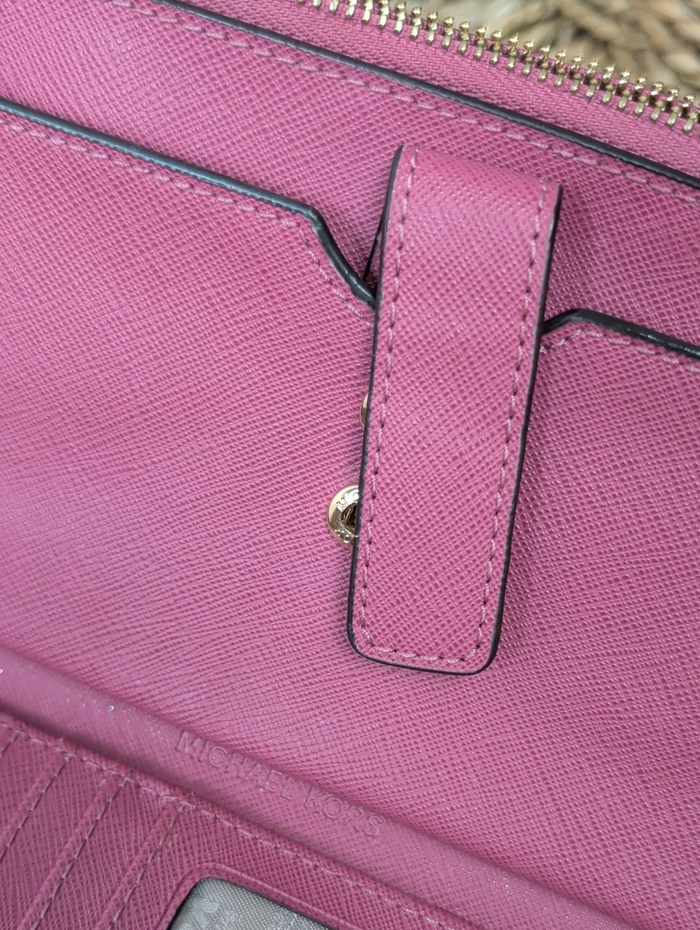 Michael Kors Pink Pebbled Leather Wristlet with Gold Logo